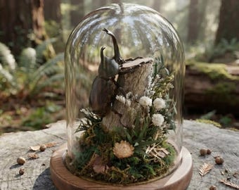 Real Rhinoceros Beetle Terrarium Cloche Dome, Ethical Entomological Taxidermy Display, Woodland Goblincore Desk Decor,Macabre Home Decor