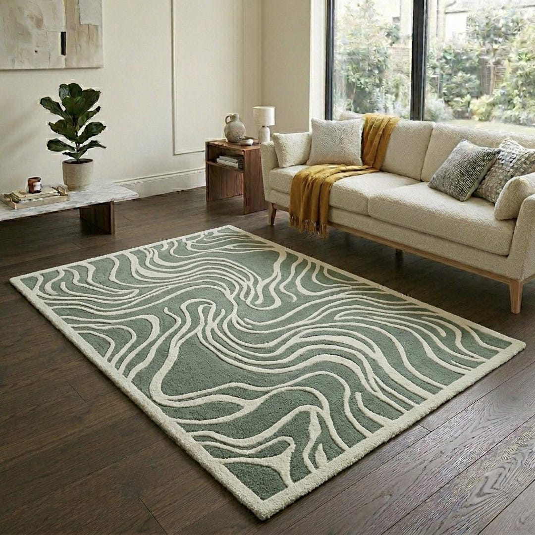 Hand Tufted Sage Green Wavy Rug Modern Abstract Sand Dune Wool Carpet ...