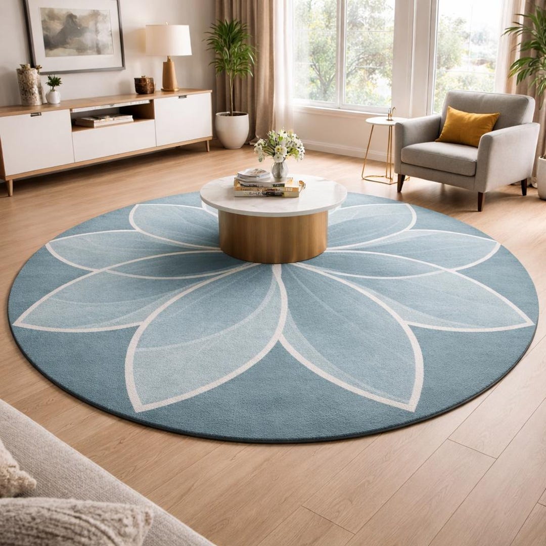 Round Blue Floral Area Rug, Modern Circular Carpet, Minimalist Flower ...