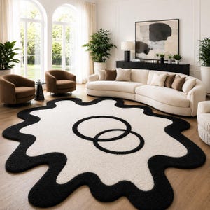 Black & White Irregular Hand Tufted Wool Rug | Modern Abstract Area Rug | Organic Shape Carpet | Custom Luxury Living Room Rug | MajesticFlo