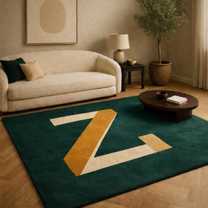 Op de afbeelding: Een groene rechthoekige vloerkleed met een grote letter "Z" in geel en gebroken wit. Het vloerkleed staat in een woonkamer met een crèmekleurige bank, een kleine bijzettafel en een donkerbruine ovale salontafel.