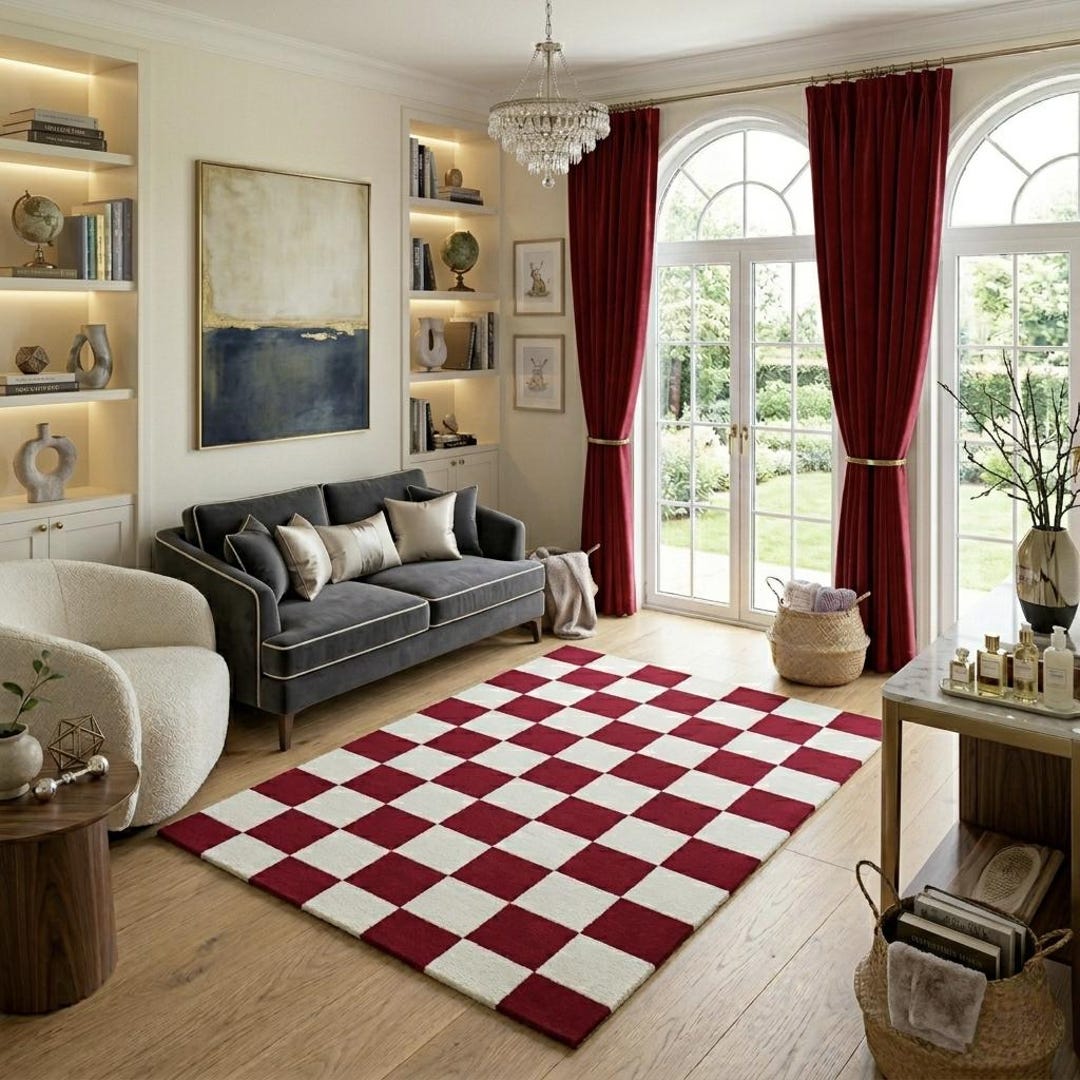 Hand Tufted Red and Cream Checkerboard Rug Modern Checkered Wool Carpet ...