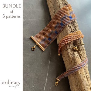 May include: Three beaded bracelets in shades of brown, orange, and blue are displayed on a piece of driftwood. The bracelets have gold-colored clasps and accents. The text "BUNDLE of 3 patterns" is visible in the upper left corner.