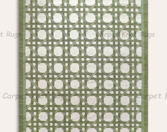 Groen ivoor geometrisch wollen vloerkleed handgeweven platgeweven vloerkleed modern traliewerkpatroon minimalistisch Scandinavisch woonkamer slaapkamer vloerkleed zacht