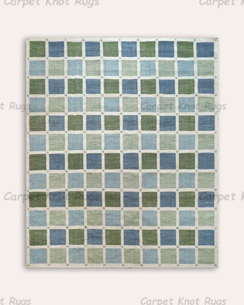 Blue Green Pastel Checkered Rug Handwoven Flatweave Wool Area Rug Soft ...