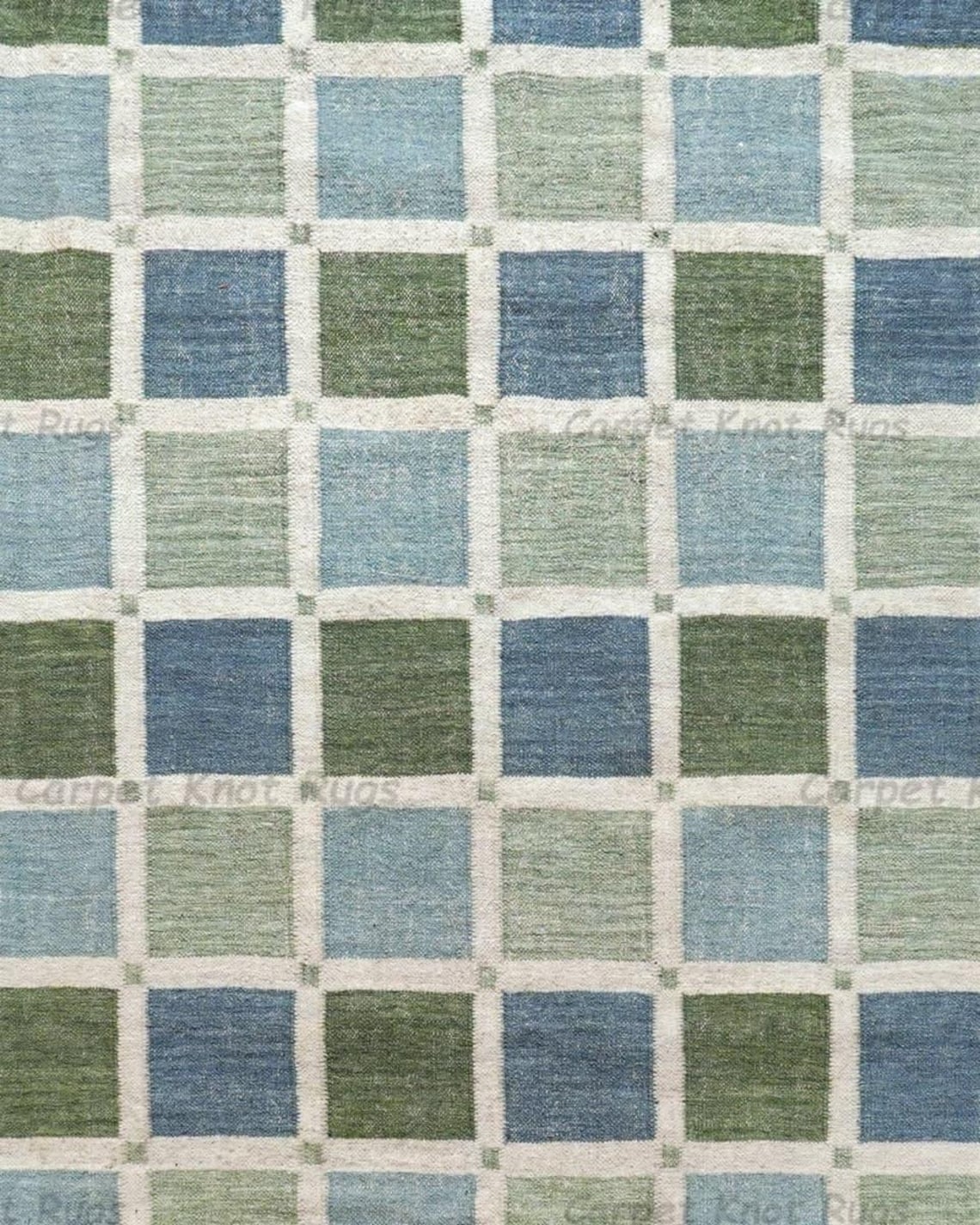 Blue Green Pastel Checkered Rug Handwoven Flatweave Wool Area Rug Soft ...