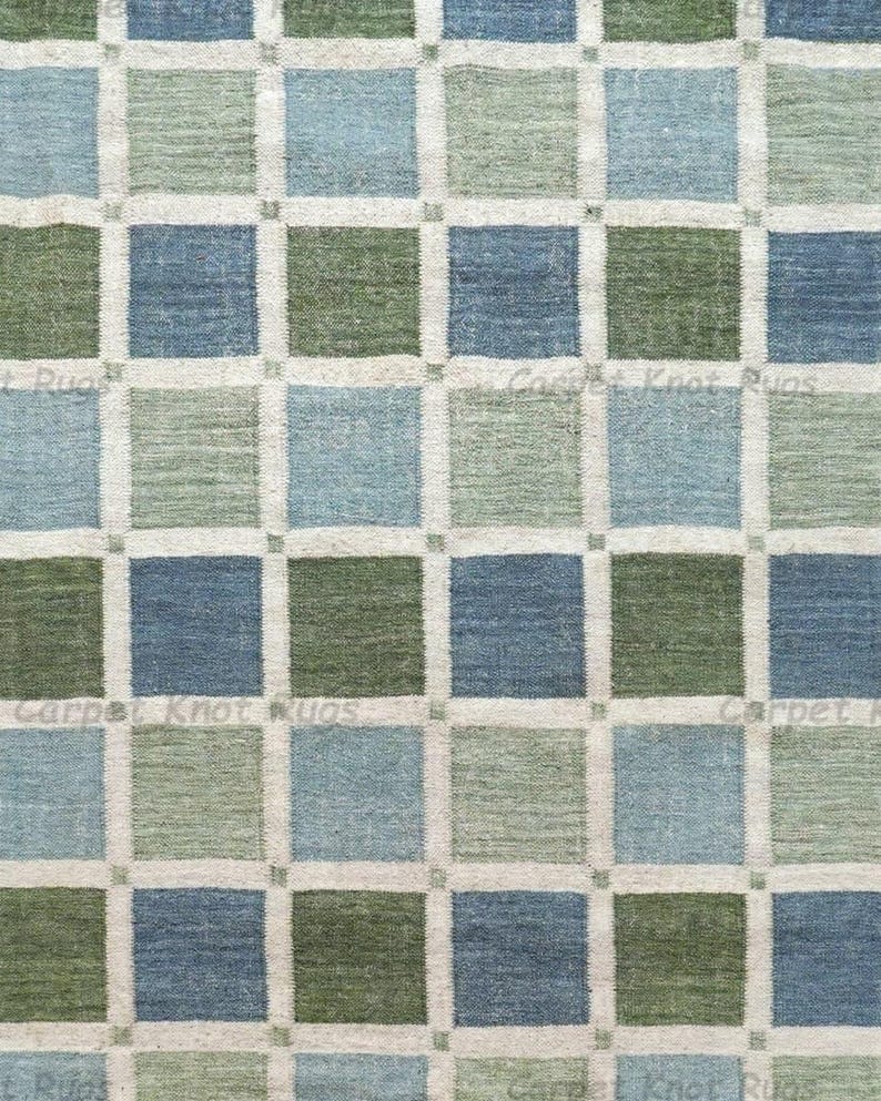 Green Pattern Rug Square Check Blue Green Pastel Checkered Rug Handwoven Flatweave Wool Area Rug Soft ...