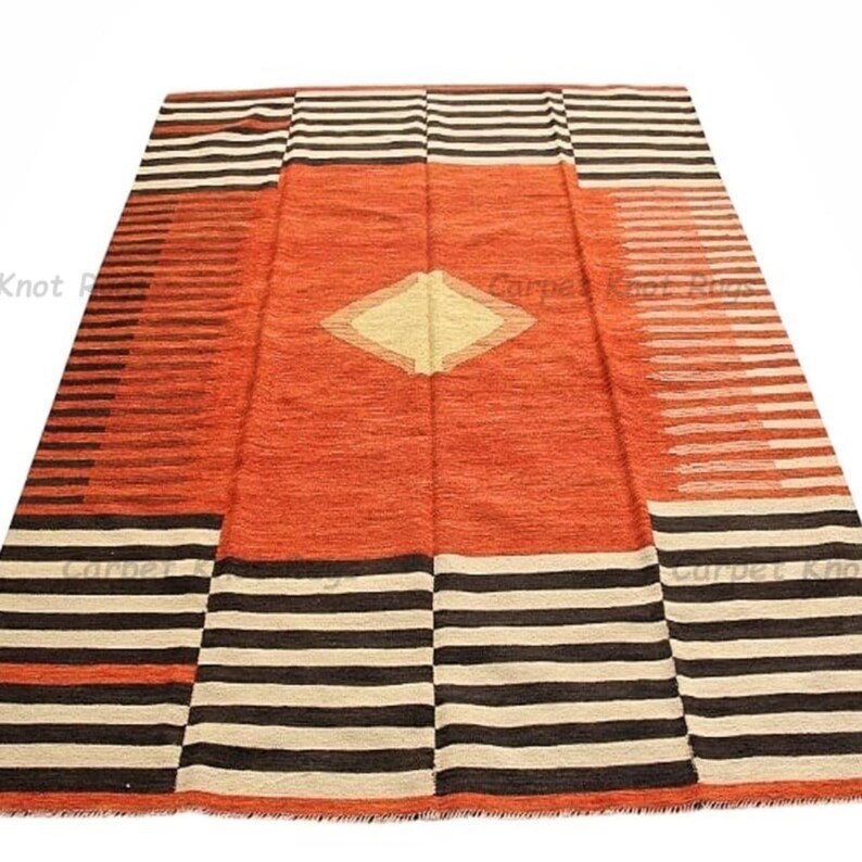Roestoranje tribal wollen vloerkleed handgeweven platgeweven vloerkleed gestreepte rand geometrisch medaillonpatroon boho zuidwestelijk woonslaapkamer vloerkleed afbeelding 2