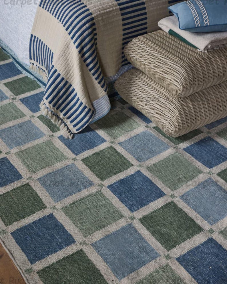 Green/blue Rust Rug Blue Green Pastel Checkered Rug Handwoven Flatweave Wool Area Rug Soft ...
