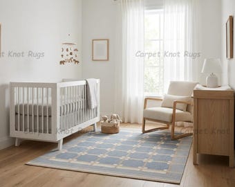 Handgeweven platgeweven lichtblauw en ivoor geometrisch rastertapijt met beige lijnen wollen vloerkleed moderne woonkamer slaapkamer decor