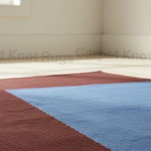 May include: A rectangular rug with a color block design. The rug features a section of deep red and a section of light blue. The rug is made of a woven material and is placed on a light-colored wooden floor.