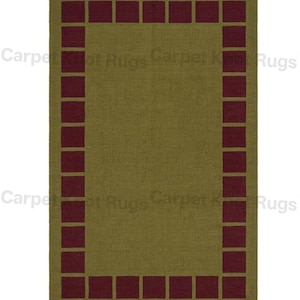 May include: A rectangular area rug with a solid olive green center and a border of dark red squares. The rug has a simple, geometric design, suitable for various interior styles. The rug's dimensions are not visible.