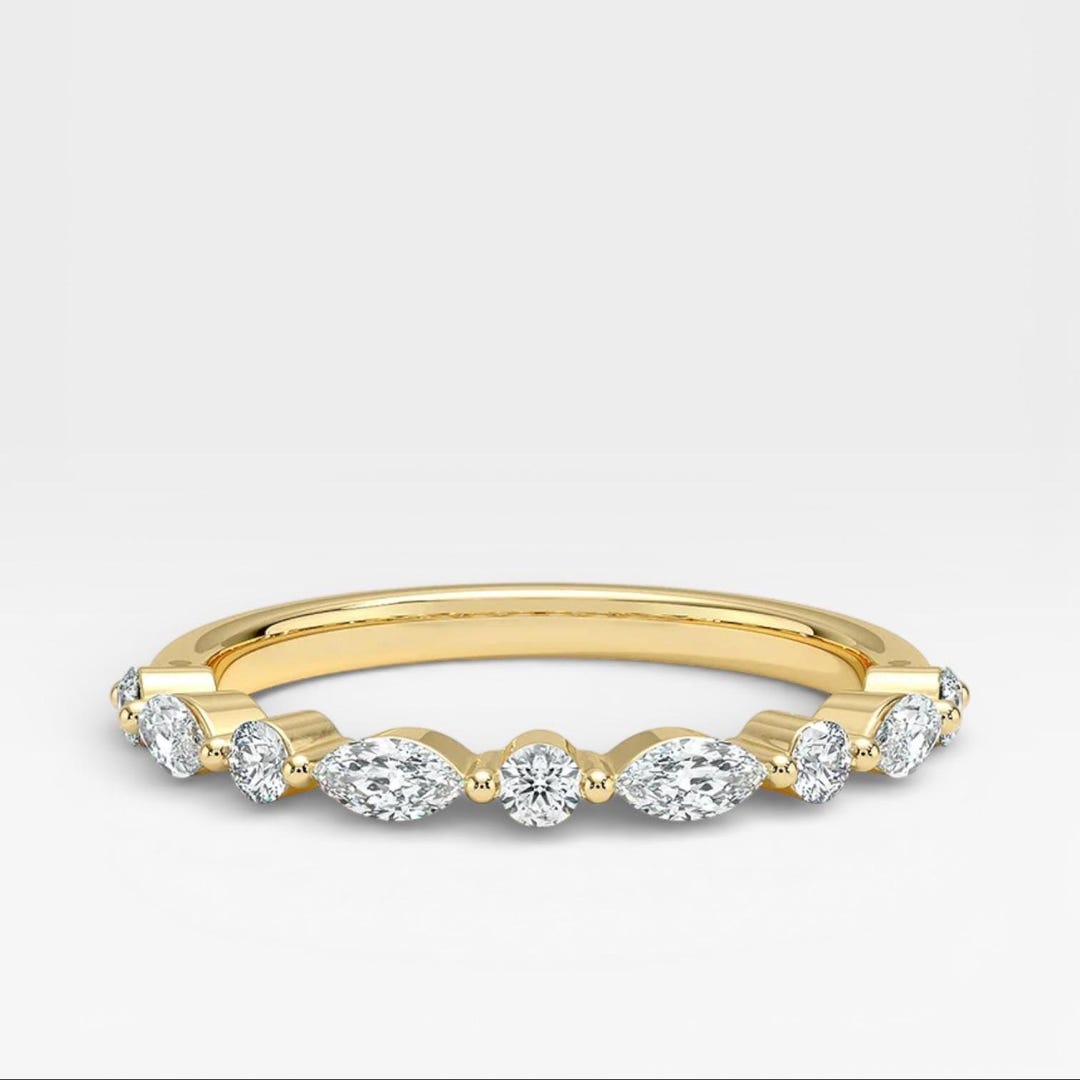 14k Gold Marquise & Round Moissanite Diamond Wedding Band Half Eternity ...