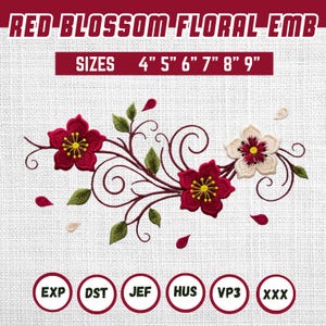 Red Blossom Floral Embroidery Design, Elegant Vine Swirl Pattern, Botanical Flower Machine Embroidery File, Digital Download
