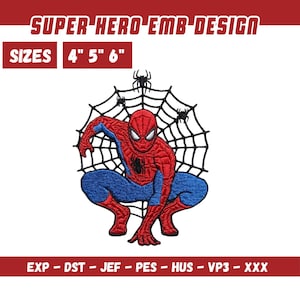 May include: Embroidered design featuring Spider-Man in a crouching pose, with a spider web and spiders in the background. The design is red and blue, with the text "SUPER HERO EMB DESIGN" and sizes 4", 5", and 6" displayed.