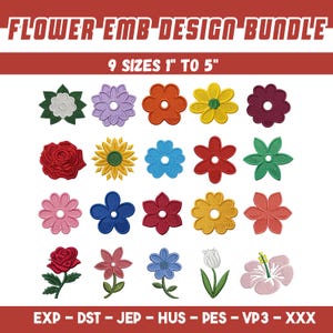 May include: A collection of colorful flower embroidery designs in various styles. The image includes text that reads "FLOWER EMB DESIGN BUNDLE" and "9 SIZES 1" TO 5". The designs are in various colors, including red, yellow, blue, and pink.