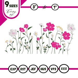 Pode incluir: Um design floral bordado com flores rosa, brancas e amarelas com caules e folhas verdes. O design está disponível em 9 tamanhos, variando de 7,6 cm a 17,8 cm. Os formatos de arquivo compatíveis incluem EXP, DST, JEF, HUS, VP3 e XXX.