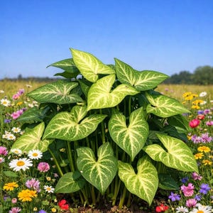Könnte beinhalten: Eine üppige grüne Pflanze mit herzförmigen Blättern, die ein auffälliges Muster aus hellgrünen Adern aufweisen, steht inmitten einer lebendigen Wiese mit bunten Wildblumen unter einem klaren blauen Himmel. Die Szene strahlt natürliche Schönheit aus.
