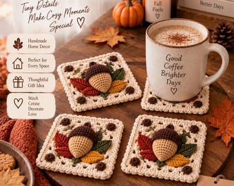 Autumn Acorn Granny Square Pattern, 3D Leaf Motif, Fall Home Decor (PDF)