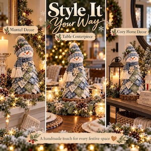 Christmas snowman tree sewing pattern with step-by-step cutting, sewing, layering and snowman topper assembly instructions.