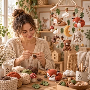 May include: A hanging nursery mobile featuring crocheted woodland animals including a deer, fox, bear, and rabbit, along with a yellow moon, white clouds, green leaves, and brown acorns suspended from a wooden frame with white yarn strings.