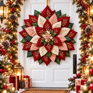 Christmas Poinsettia Wreath Sewing Pattern PDF, Quilted Fabric Door Hanger, 3D Holiday Wreath Printable Pattern