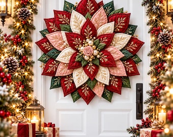 Christmas Poinsettia Wreath Sewing Pattern PDF, Quilted Fabric Door Hanger, 3D Holiday Wreath Printable Pattern