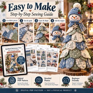 Close-up Christmas snowman tree showing quilted fabric layers, knitted hat, scarf, snowflake charm and handmade holiday details.