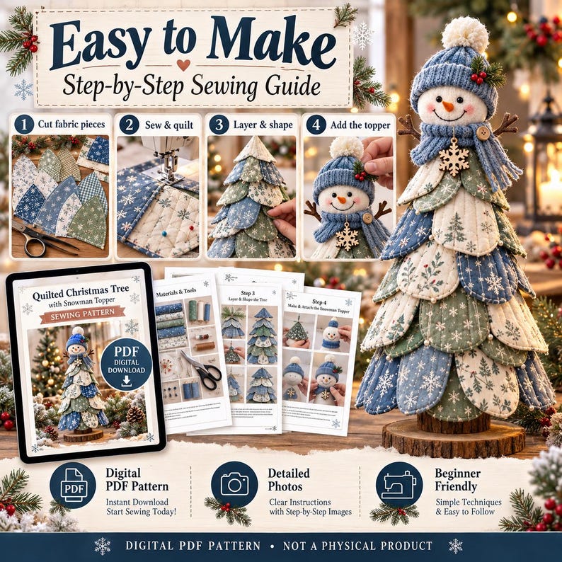 Close-up Christmas snowman tree showing quilted fabric layers, knitted hat, scarf, snowflake charm and handmade holiday details.