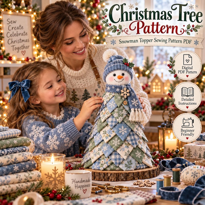 Patchwork Snowman Tree Sewing Pattern PDF, Quilted Christmas Decor, Fabric Holiday Centerpiece