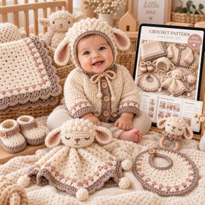 Puede incluir: Un conjunto de bebé de cordero a ganchillo que incluye una chaqueta color crema y marrón con botones de madera, un gorro con orejas de cordero, patucos, una manta texturizada, un doudou de cordero y un sonajero, junto a un patrón PDF.