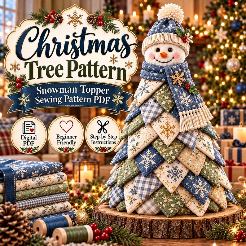 Christmas snowman tree sewing pattern with step-by-step cutting, sewing, layering and snowman topper assembly instructions.