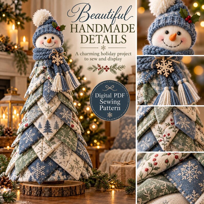 Christmas snowman tree displayed as mantel decor, table centerpiece and cozy holiday home decoration in a festive room.