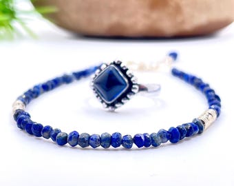 Handmade Lapis Lazuli Bracelet and Ring Set, Natural Blue Gemstone Jewelry