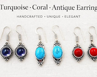 3er Set Edelstein Ohrringe – Türkis, Koralle, antiker Boho Tribal Schmuck