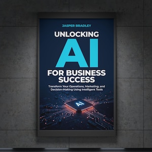 Peut inclure: Une affiche encadrée avec le titre "UNLOCKING AI FOR BUSINESS SUCCESS" en texte blanc et bleu. L'affiche comprend le nom de l'auteur, "JASPER BRADLEY", et un graphique d'un circuit imprimé avec les lettres "AI" au centre.