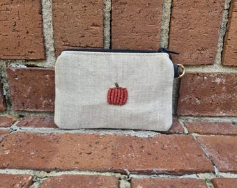 Embroidered Pumpkin Zip Pouch, Fall Wallet, Credit Card Holder (5"L x 3.5"H)