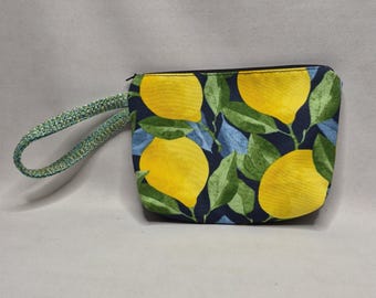 Lemon Print Zippered Pouch, Fabric Cosmetic Bag, Wristlet Clutch
