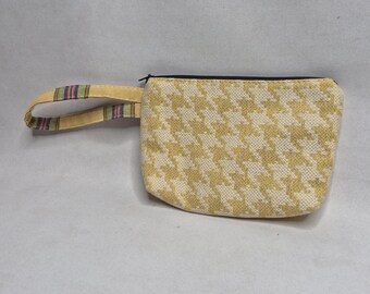 Zippered Pouch Wristlet Clutch, Houndstooth Fabric Cosmetic Bag