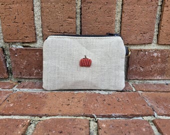 Embroidered Pumpkin Zip Pouch, Fall Wallet, Credit Card Holder (5"L x 3.5"H)