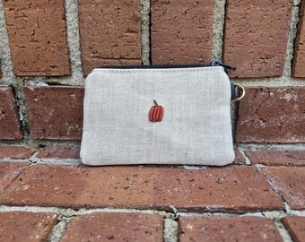 Embroidered Pumpkin Zip Pouch, Fall Wallet, Credit Card Holder (5"L x 3.5"H)