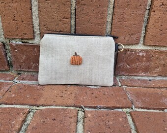 Embroidered Pumpkin Zip Pouch, Fall Wallet, Credit Card Holder (5"L x 3.5"H)