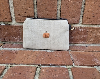 Embroidered Pumpkin Zip Pouch, Fall Wallet, Credit Card Holder (5"L x 3.5"H)