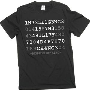 May include: A black short-sleeved t-shirt featuring a graphic design with white and grey alphanumeric text. The text reads 1N73LL1G3NC3, 0141587H3158, 43481L17Y480, 7004D4P7870, 183CH4NG304, and -573PH3N H4WK1NG- in a typewriter-style font.