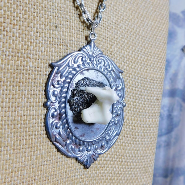 Lady of the Winter Wolf Castle. Genuine Coyote Molar Tooth, Victorian style cameo setting, and crushed silver pyrite, pendant necklace