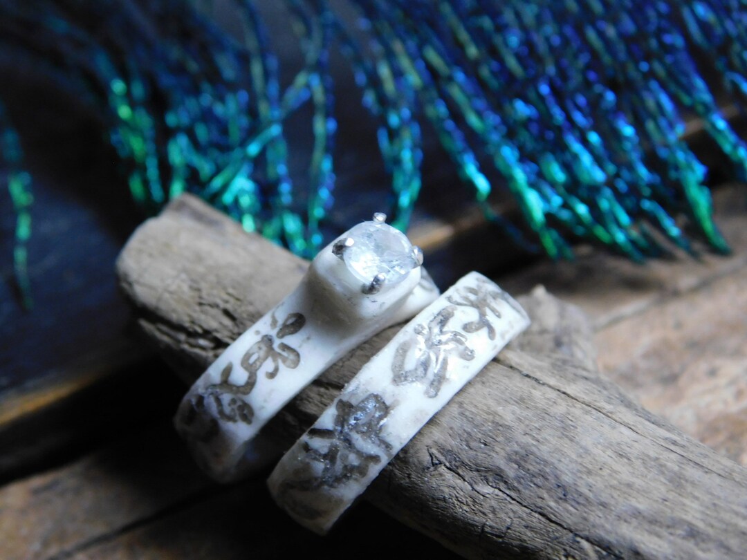 Helga Viking Style Wedding Engagement Ring Set Carved Deer Antler Helga Viking Style Wedding Engagement Ring Set Carved Deer Antler