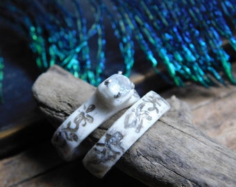Helga. Viking Style Wedding & Engagement ring set. Carved Deer Antler, Gemstone Choice, sterling silver prongs. Made to your size