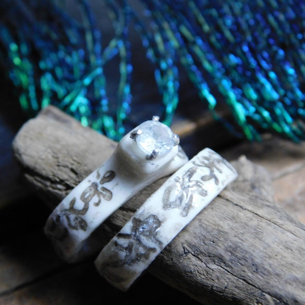 Helga. Viking Style Wedding & Engagement ring set. Carved Deer Antler, Gemstone Choice, sterling silver prongs. Made to your size