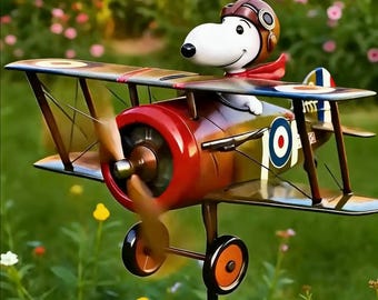 スヌーピーの飛行エース複葉機風車、レトロな金属製ガーデン風車、屋外芝生装飾、レトロな飛行機スタイルの彫刻。
