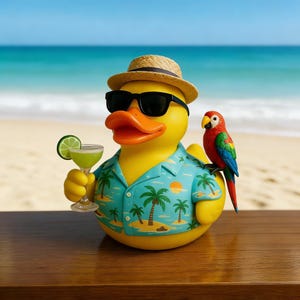 Tropische Urlaub Gummienten Figur mit Papagei & Cocktail, Strand Dekor, Schrulliges Sommer Badezimmer Accessoire, Geschenk für Enten Liebhaber